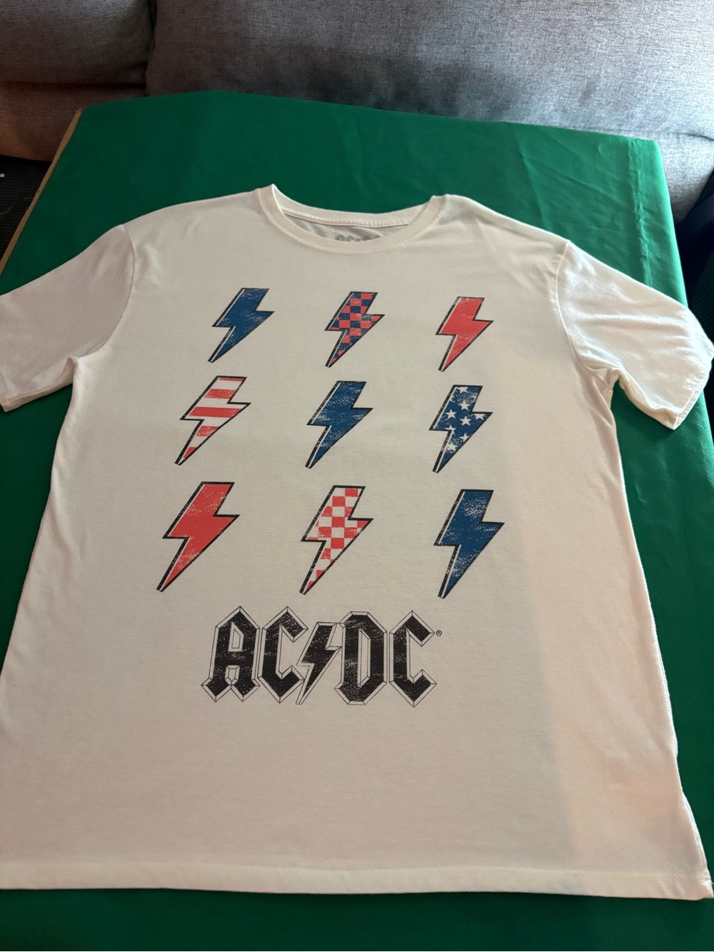 AC/DC Men’s White Tee with Red and Blue Lightning Bolts